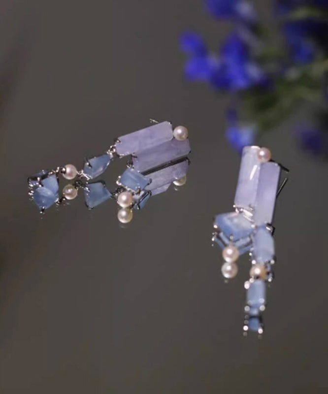Retro Purple Alloy Asymmetrical Chalcedony Tassel Drop Earrings