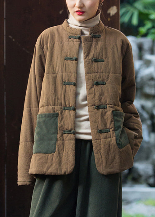 Retro Purple Chinese Button Pockets Thick Parkas Winter
