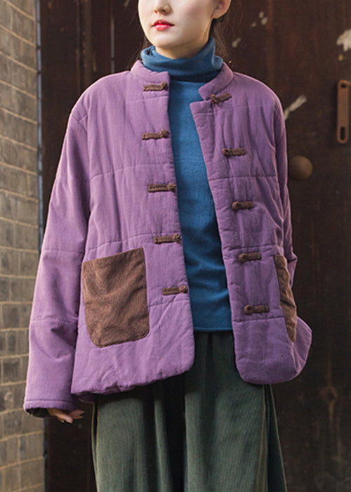 Retro Purple Chinese Button Pockets Thick Parkas Winter