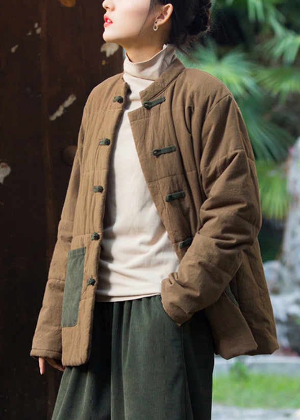 Retro Purple Chinese Button Pockets Thick Parkas Winter