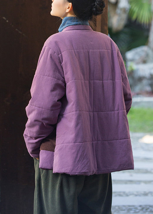 Retro Purple Chinese Button Pockets Thick Parkas Winter