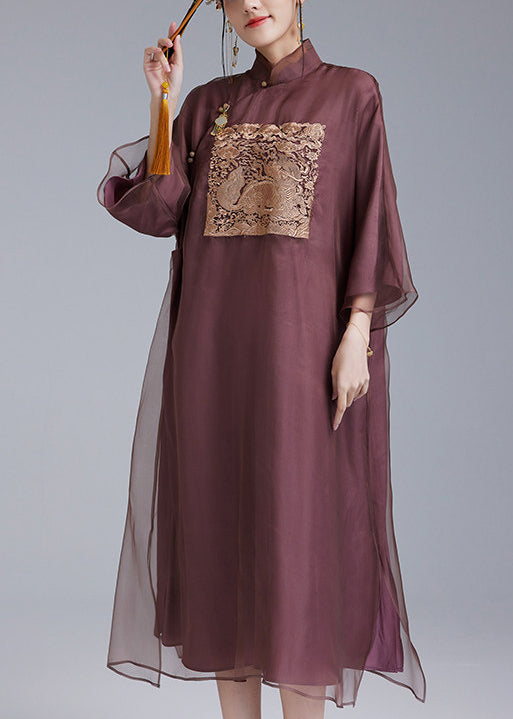 Retro Purple Embroidered Silk Oriental Dress Summer