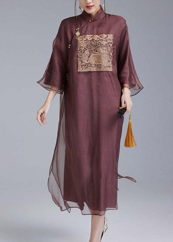 Retro Purple Embroidered Silk Oriental Dress Summer