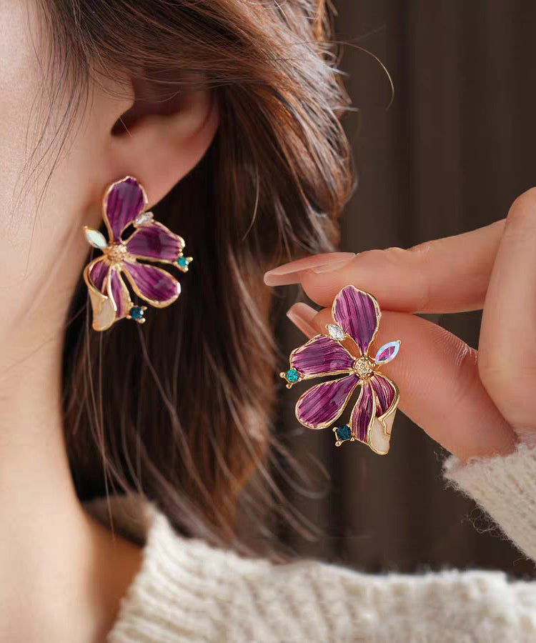Retro Purple Sterling Silver Overgild Zircon Dripping Glaze Floral Stud Earring