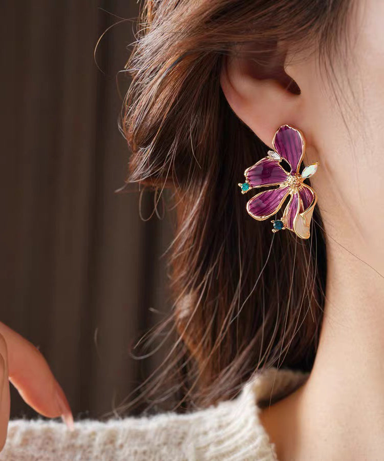 Retro Purple Sterling Silver Overgild Zircon Dripping Glaze Floral Stud Earring