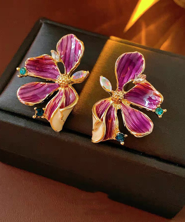 Retro Purple Sterling Silver Overgild Zircon Dripping Glaze Floral Stud Earring