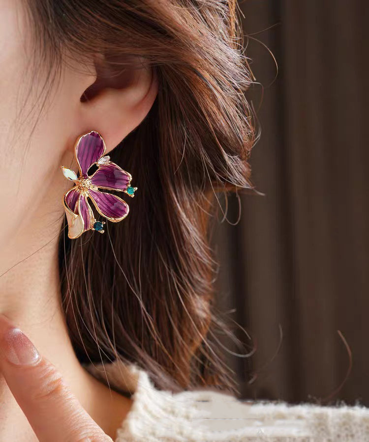 Retro Purple Sterling Silver Overgild Zircon Dripping Glaze Floral Stud Earring