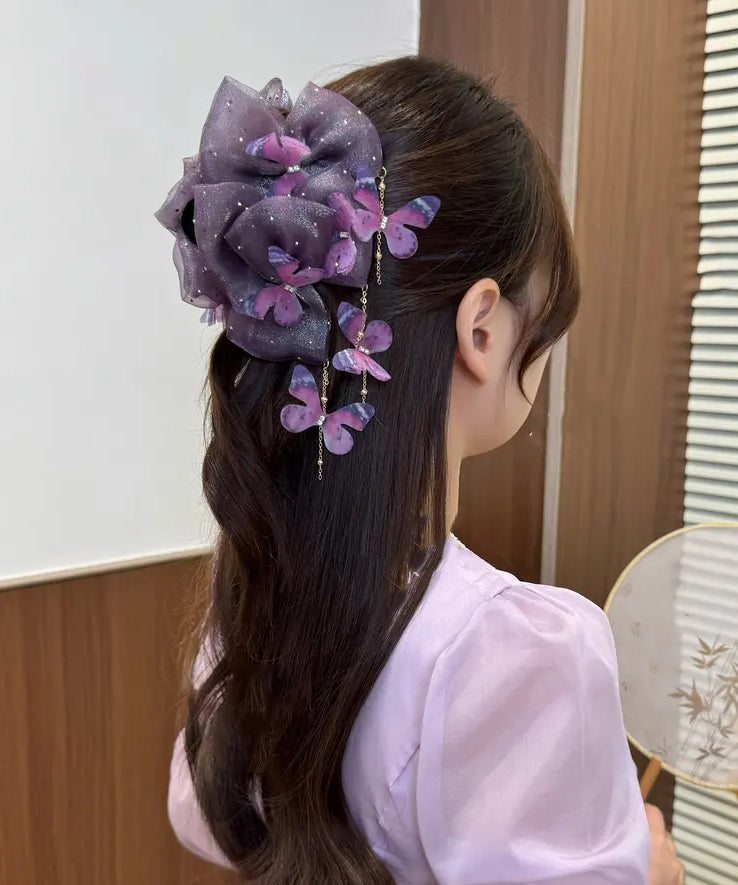 Retro Purple Tulle Butterfly Tassel Hairpin