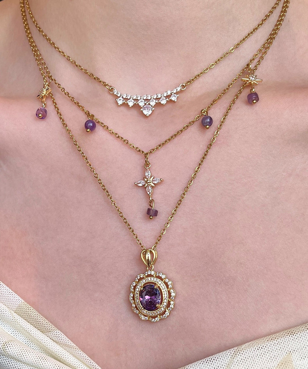 Retro Purple Zircon Layering Alloy Two Piece Set Pendant Necklace