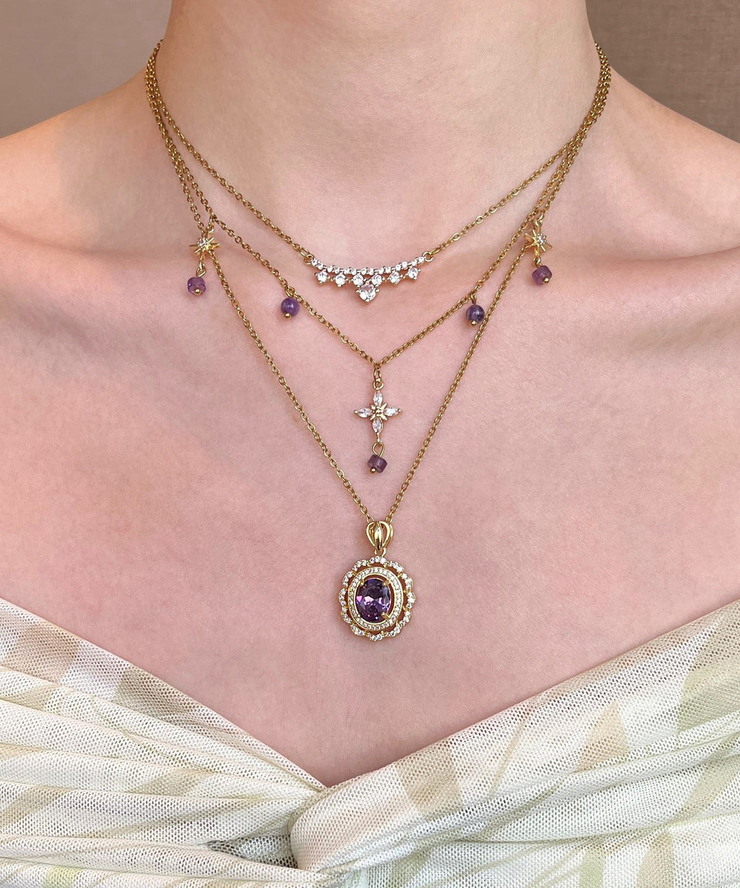 Retro Purple Zircon Layering Alloy Two Piece Set Pendant Necklace