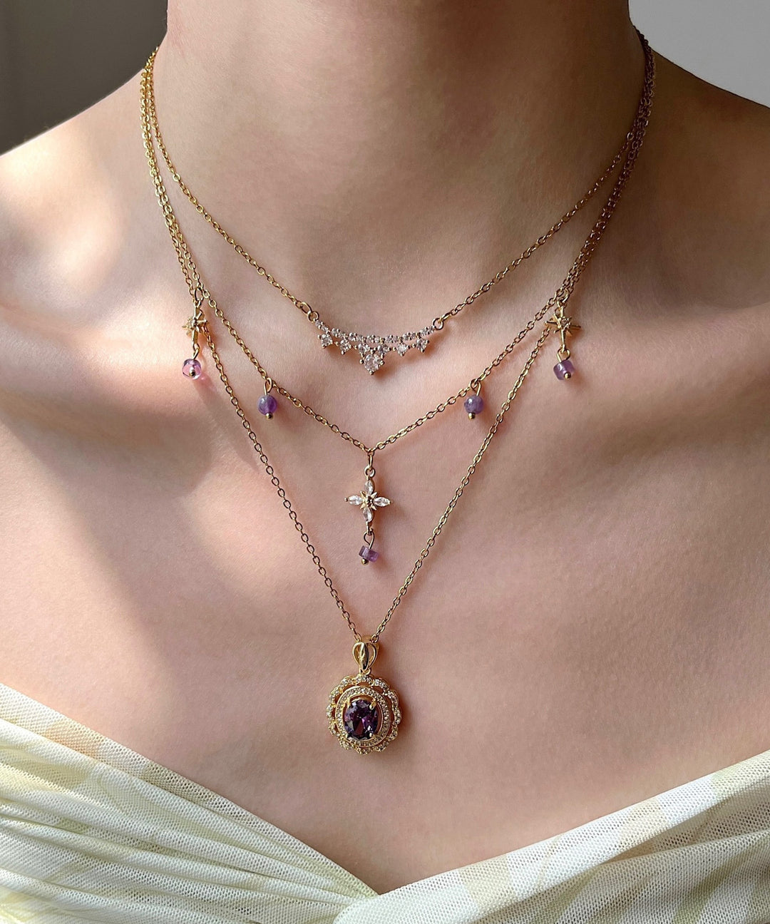 Retro Purple Zircon Layering Alloy Two Piece Set Pendant Necklace