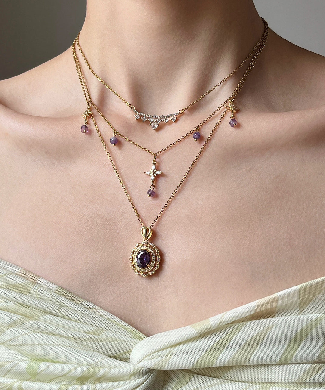 Retro Purple Zircon Layering Alloy Two Piece Set Pendant Necklace