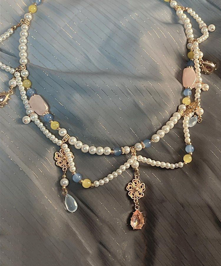 Retro Rainbow Alloy Crystal Pearl Glass Water Drop Pendant Necklace