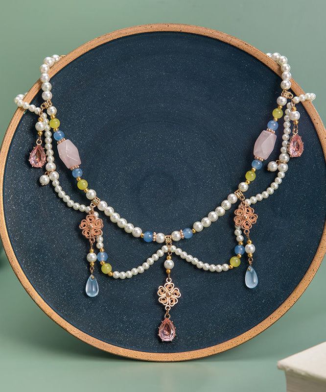 Retro Rainbow Alloy Crystal Pearl Glass Water Drop Pendant Necklace