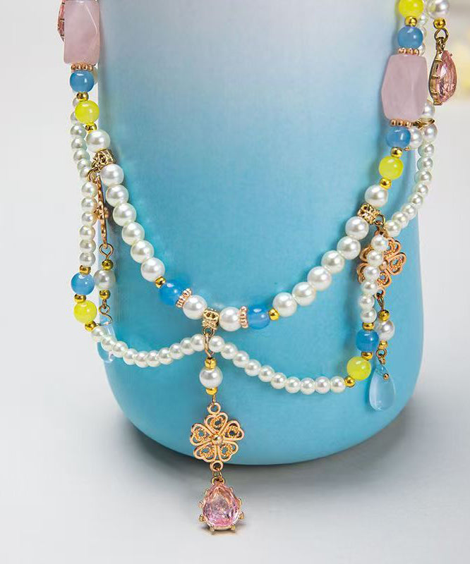 Retro Rainbow Alloy Crystal Pearl Glass Water Drop Pendant Necklace