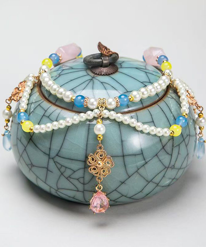 Retro Rainbow Alloy Crystal Pearl Glass Water Drop Pendant Necklace