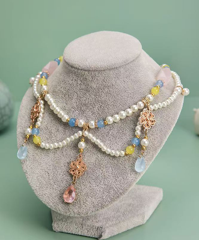 Retro Rainbow Alloy Crystal Pearl Glass Water Drop Pendant Necklace