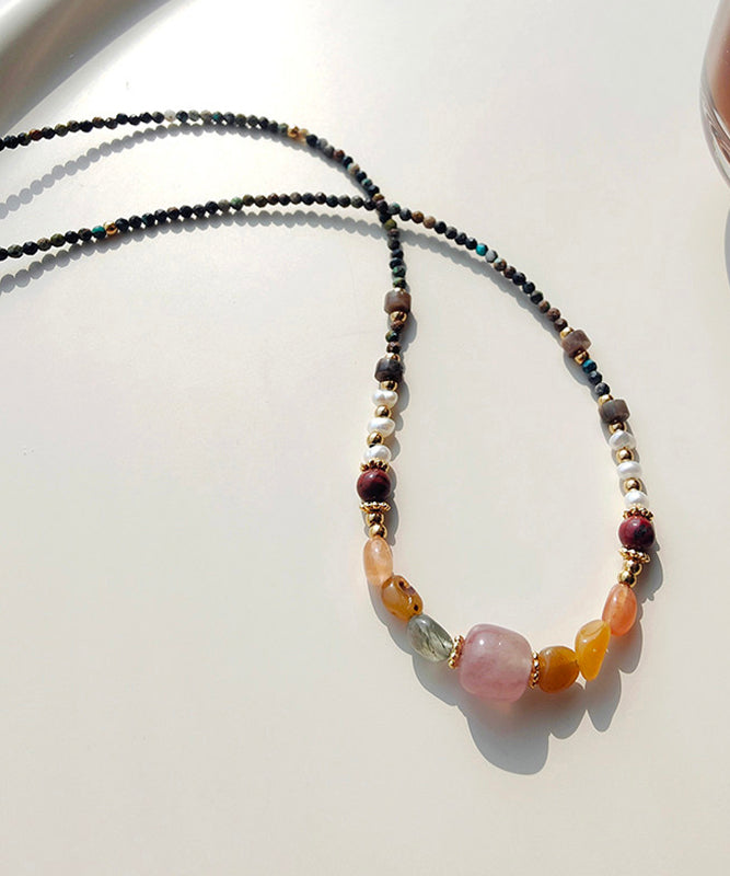 Retro Rainbow Alloy Pearl Natural Stone Beading Gratuated Bead Necklace