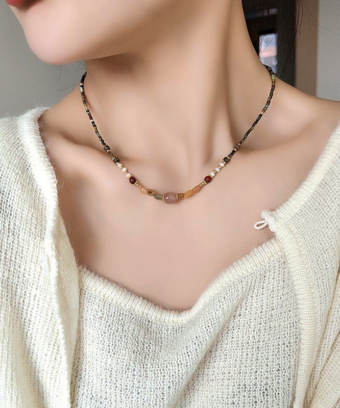 Retro Rainbow Alloy Pearl Natural Stone Beading Gratuated Bead Necklace