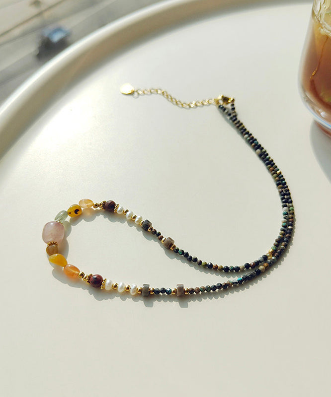 Retro Rainbow Alloy Pearl Natural Stone Beading Gratuated Bead Necklace