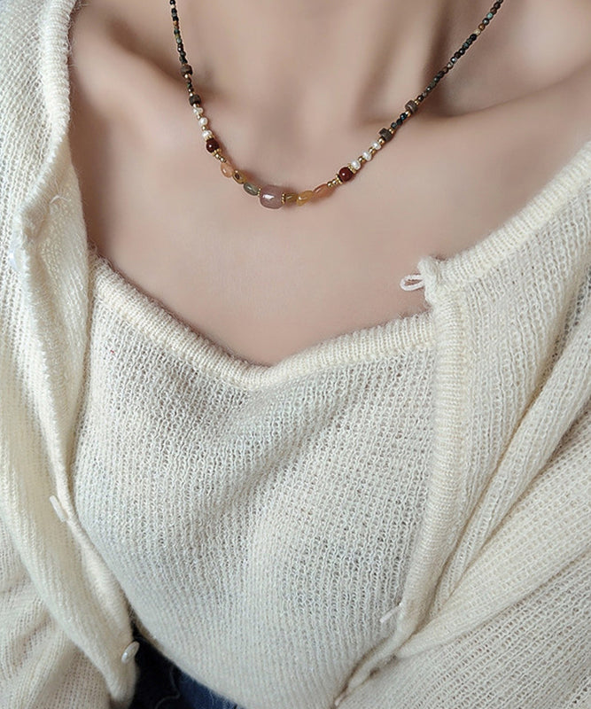 Retro Rainbow Alloy Pearl Natural Stone Beading Gratuated Bead Necklace