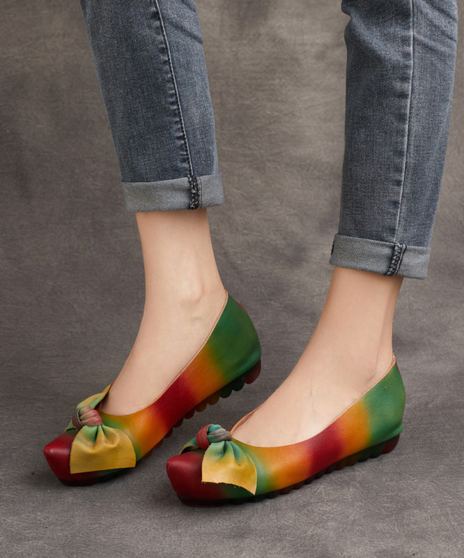 Retro Rainbow Bow Cowhide Leather Comfortable High Wedge Heels Shoes