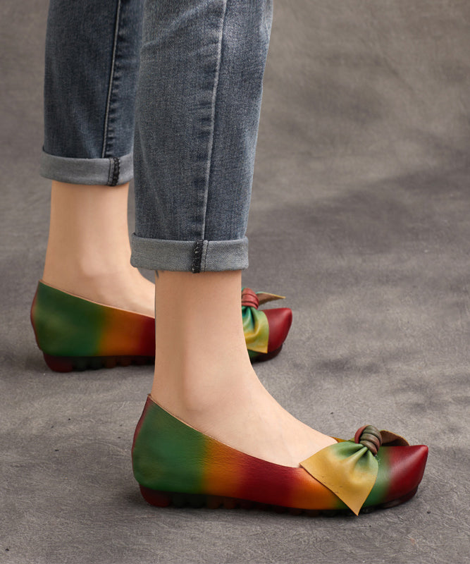 Retro Rainbow Bow Cowhide Leather Comfortable High Wedge Heels Shoes