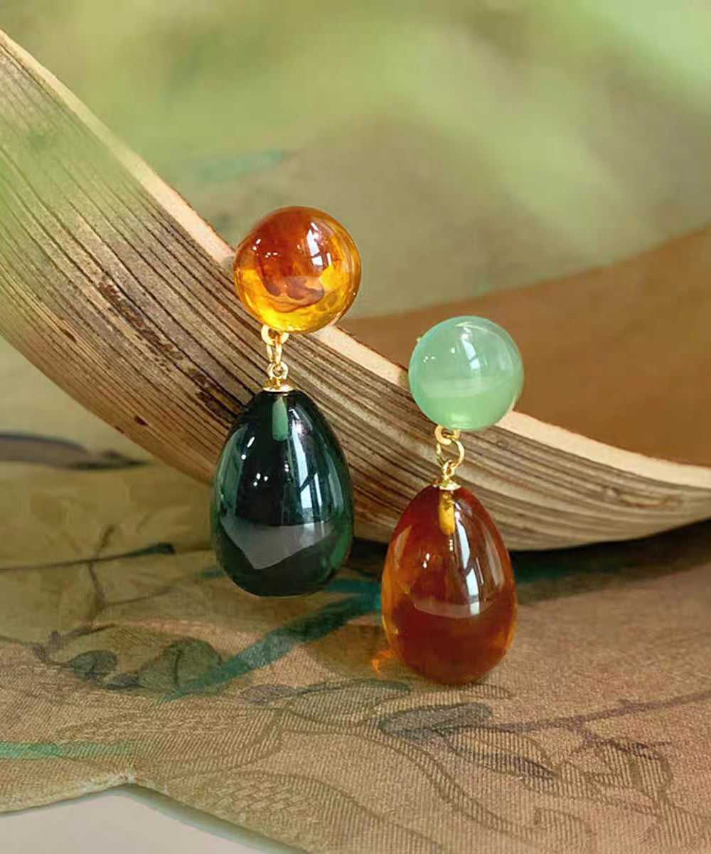 Retro Rainbow Sterling Silver Resin Water Droplet Drop Earrings