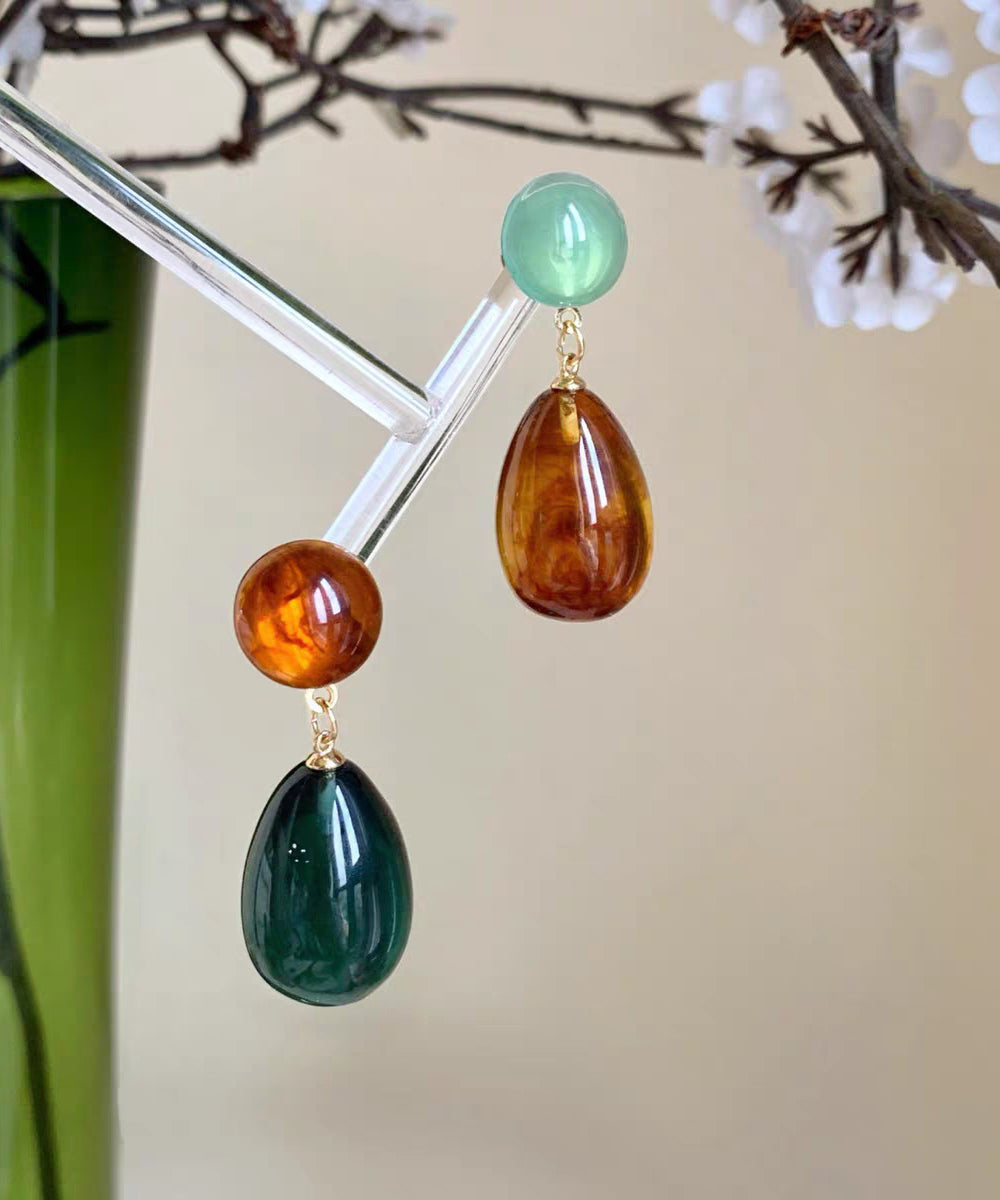 Retro Rainbow Sterling Silver Resin Water Droplet Drop Earrings