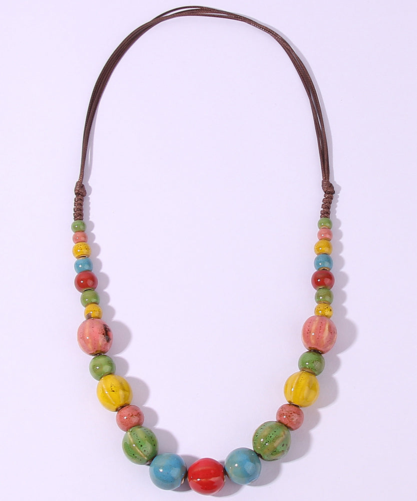 Retro Rainbow Weave Ceramics Beading Sweater Lariat Necklace