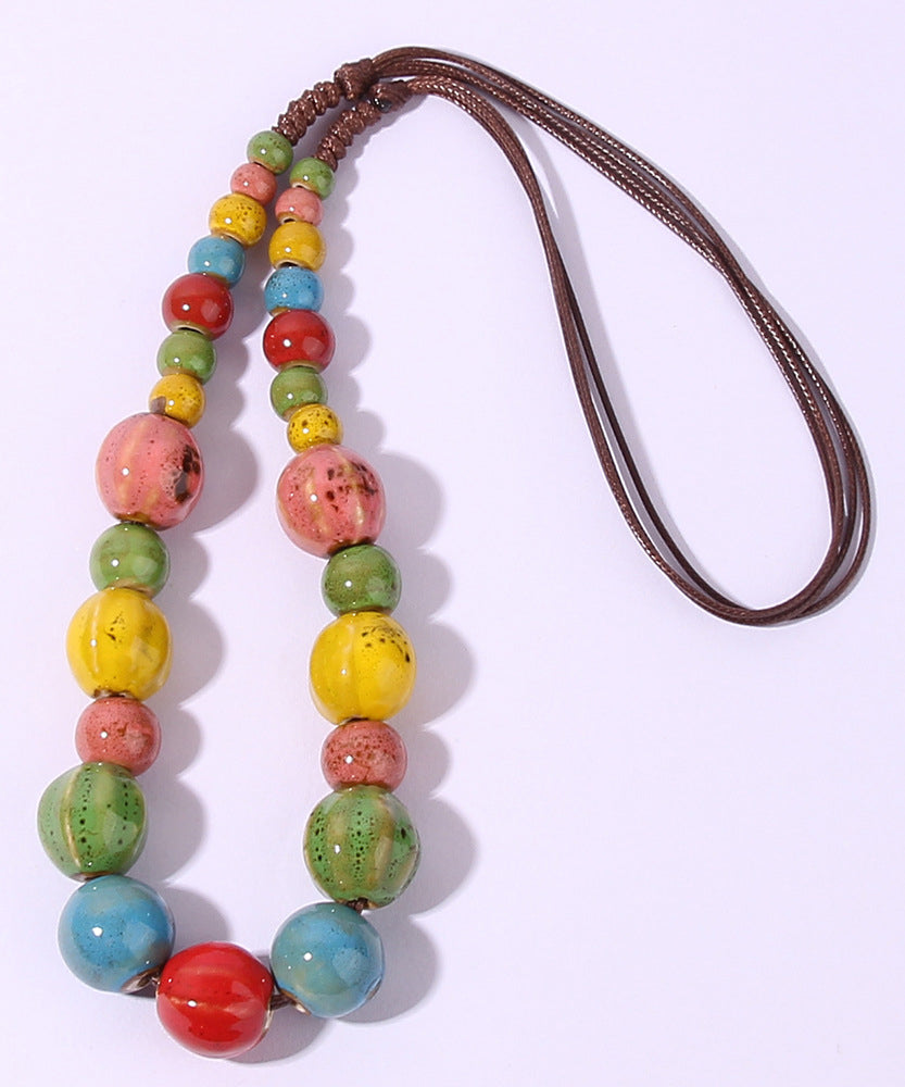 Retro Rainbow Weave Ceramics Beading Sweater Lariat Necklace