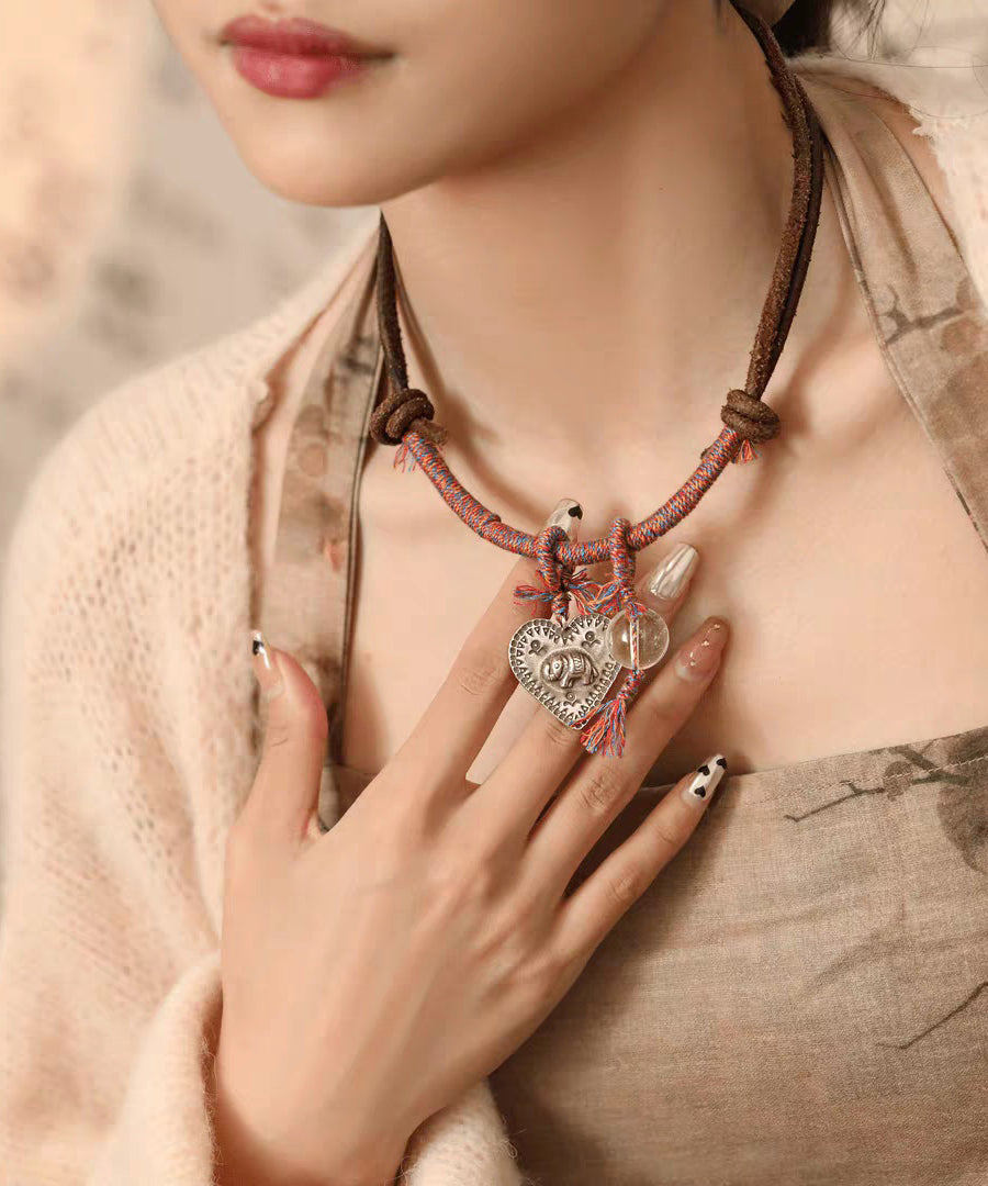 Retro Red 925 Silver Weave Elephant Love Pendant Necklace