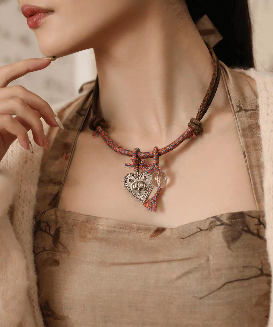 Retro Red 925 Silver Weave Elephant Love Pendant Necklace