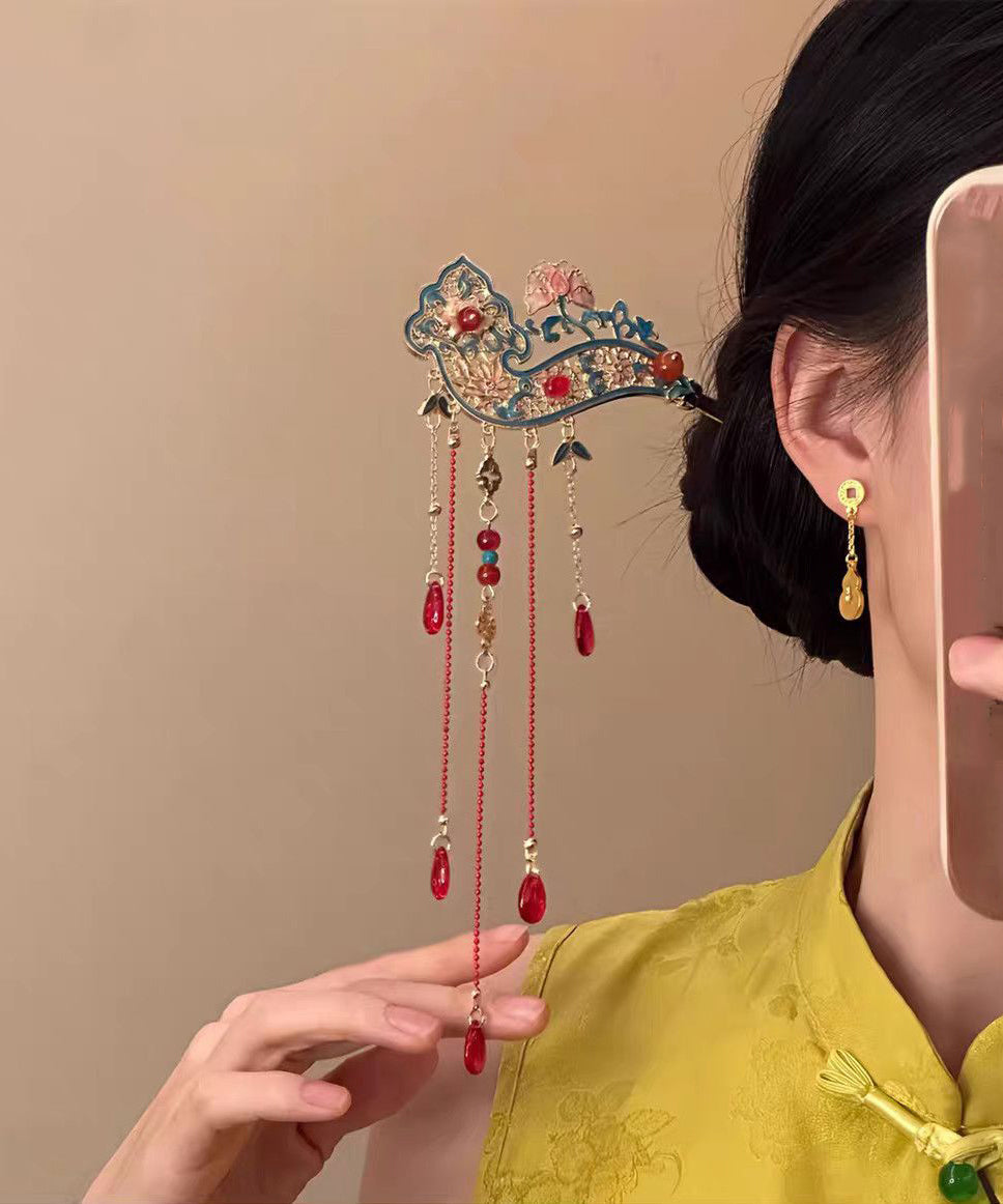 Retro Red Alloy Hollow Out Cloisonne Floral Tassel A Pair Hairpin