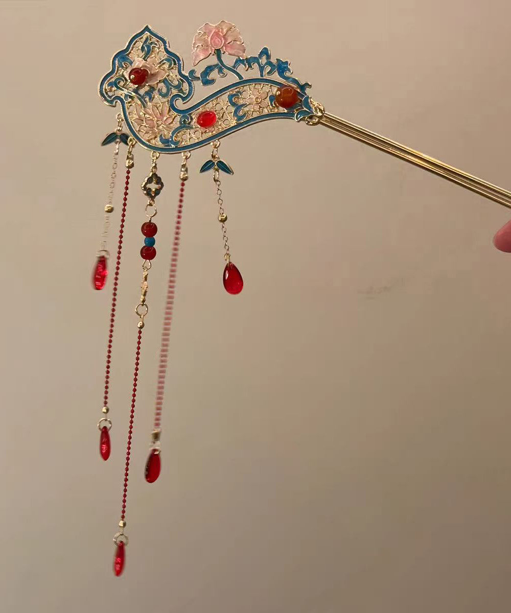 Retro Red Alloy Hollow Out Cloisonne Floral Tassel A Pair Hairpin