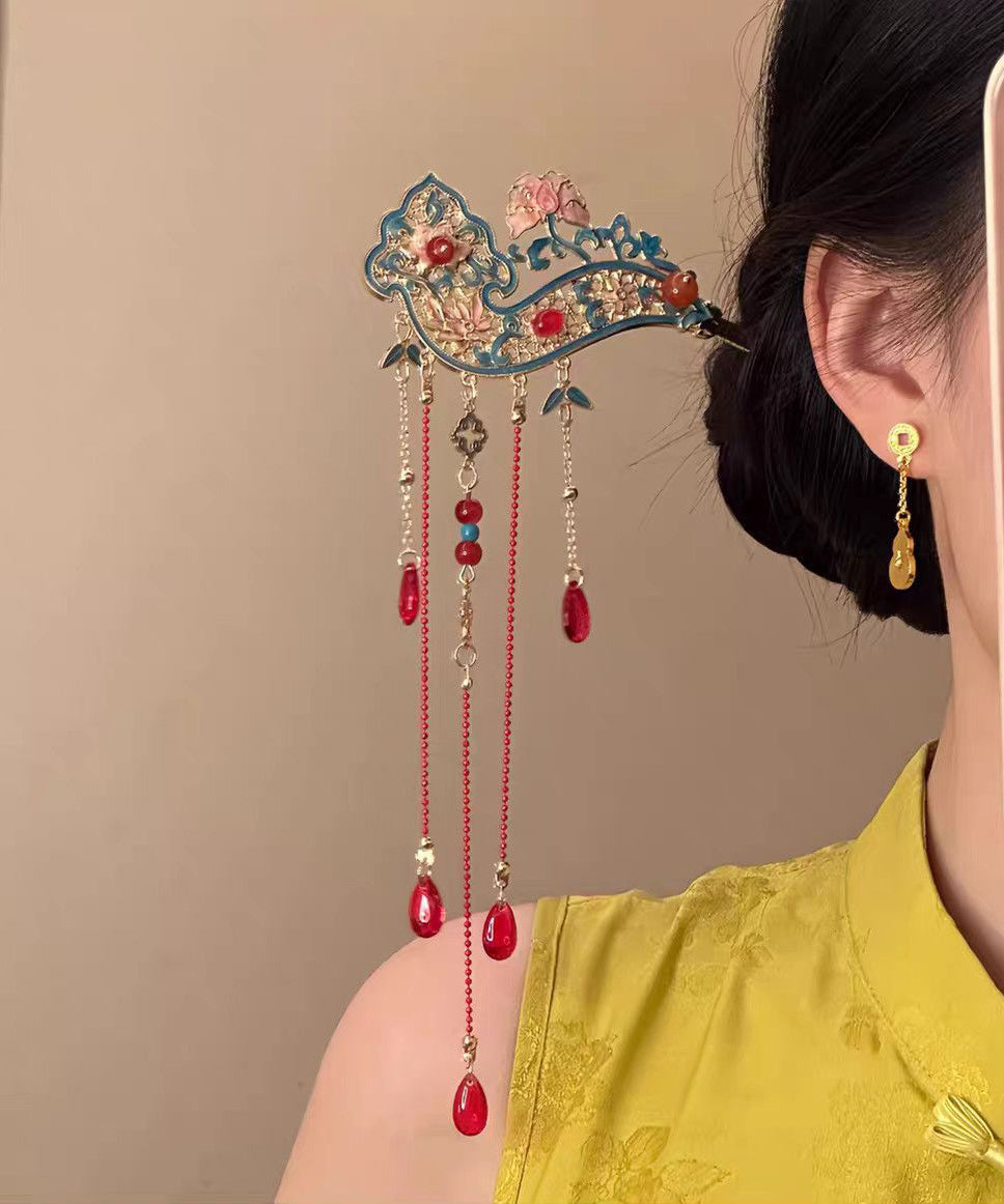 Retro Red Alloy Hollow Out Cloisonne Floral Tassel A Pair Hairpin