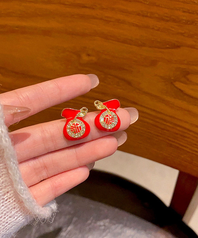 Retro Red Copper Zircon Blessing Bag Stud Earrings