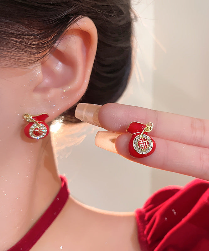 Retro Red Copper Zircon Blessing Bag Stud Earrings