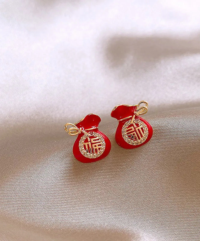 Retro Red Copper Zircon Blessing Bag Stud Earrings