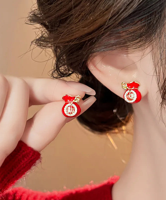 Retro Red Copper Zircon Blessing Bag Stud Earrings