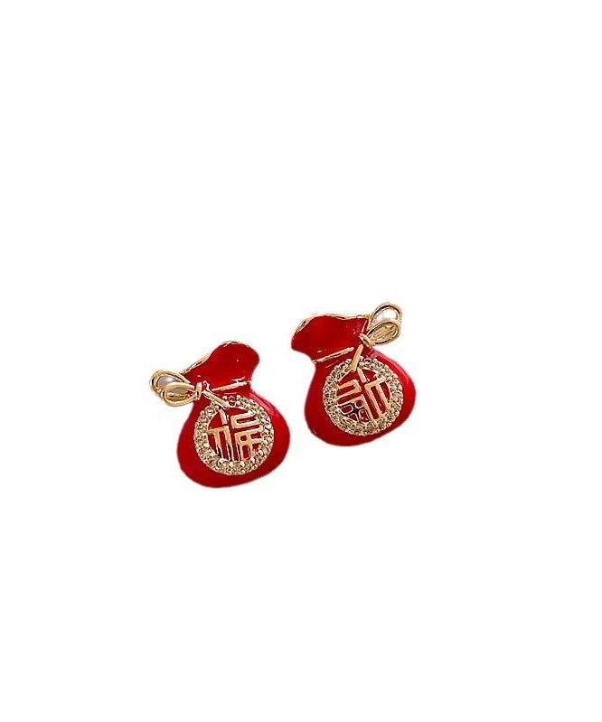 Retro Red Copper Zircon Blessing Bag Stud Earrings