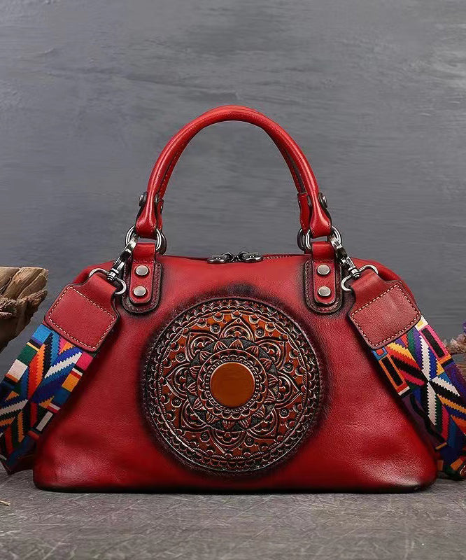 Retro Red Cowhide Women Large Capacity Handbag