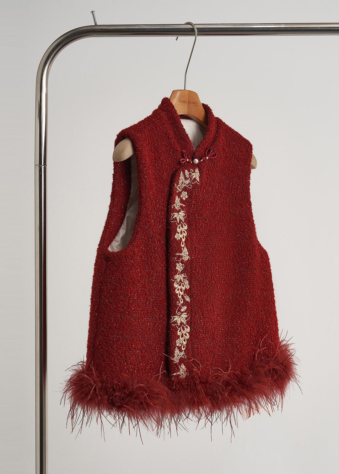 Retro Red Embroidered Patchwork Faux Fur Vests Fall