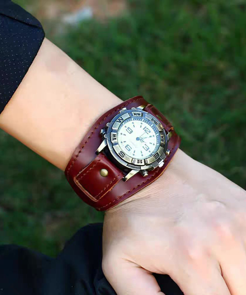 Retro Red Leather Quartz Movement Waterproof Watch