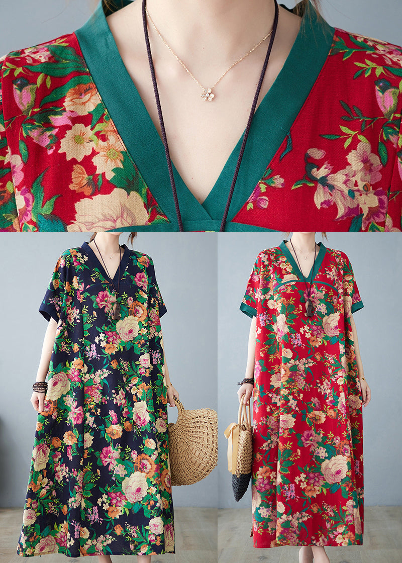 Retro Red Oversized Print Cotton Maxi Dresses Summer