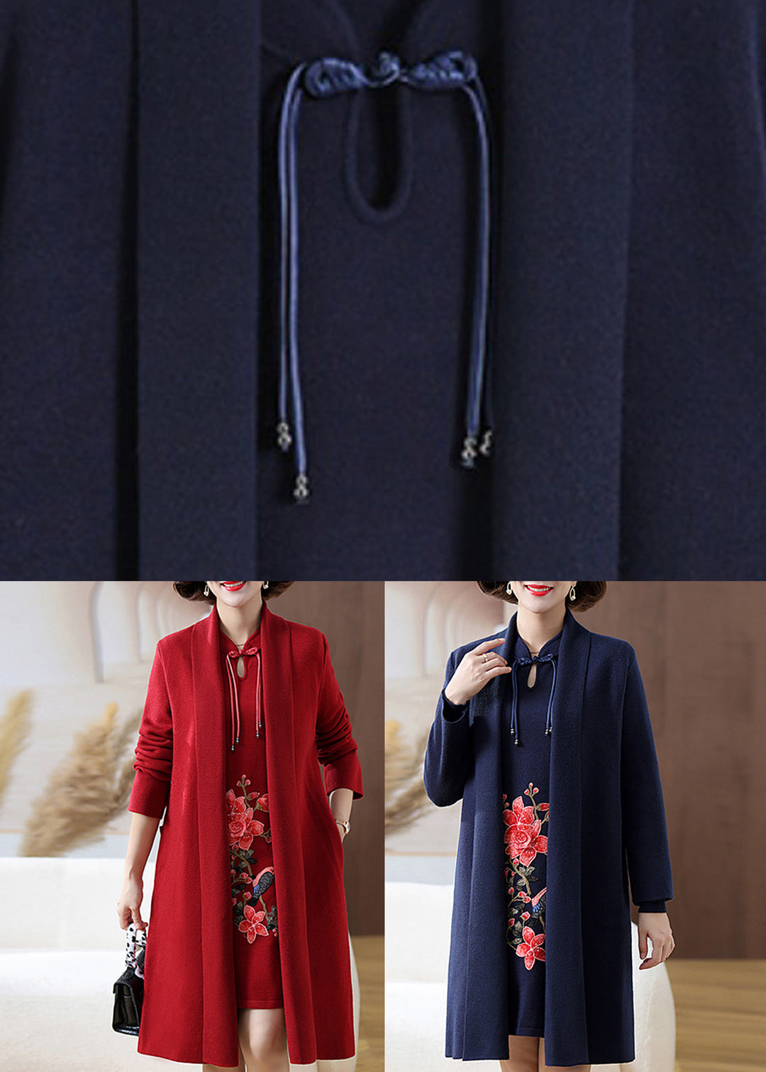 Retro Red Print Pockets Woolen Coats And Mid Dress Two Pieces Set Fall