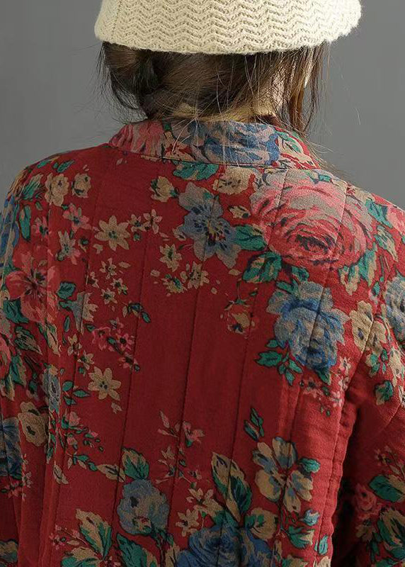 Retro Red Stand Collar Pockets Print Fine Cotton Filled Coat Winter