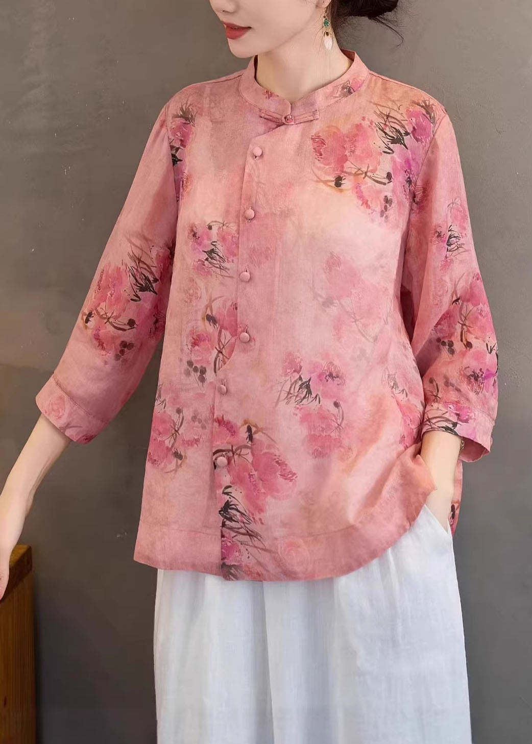 Retro Red Stand Collar Print Button Linen Shirt Summer