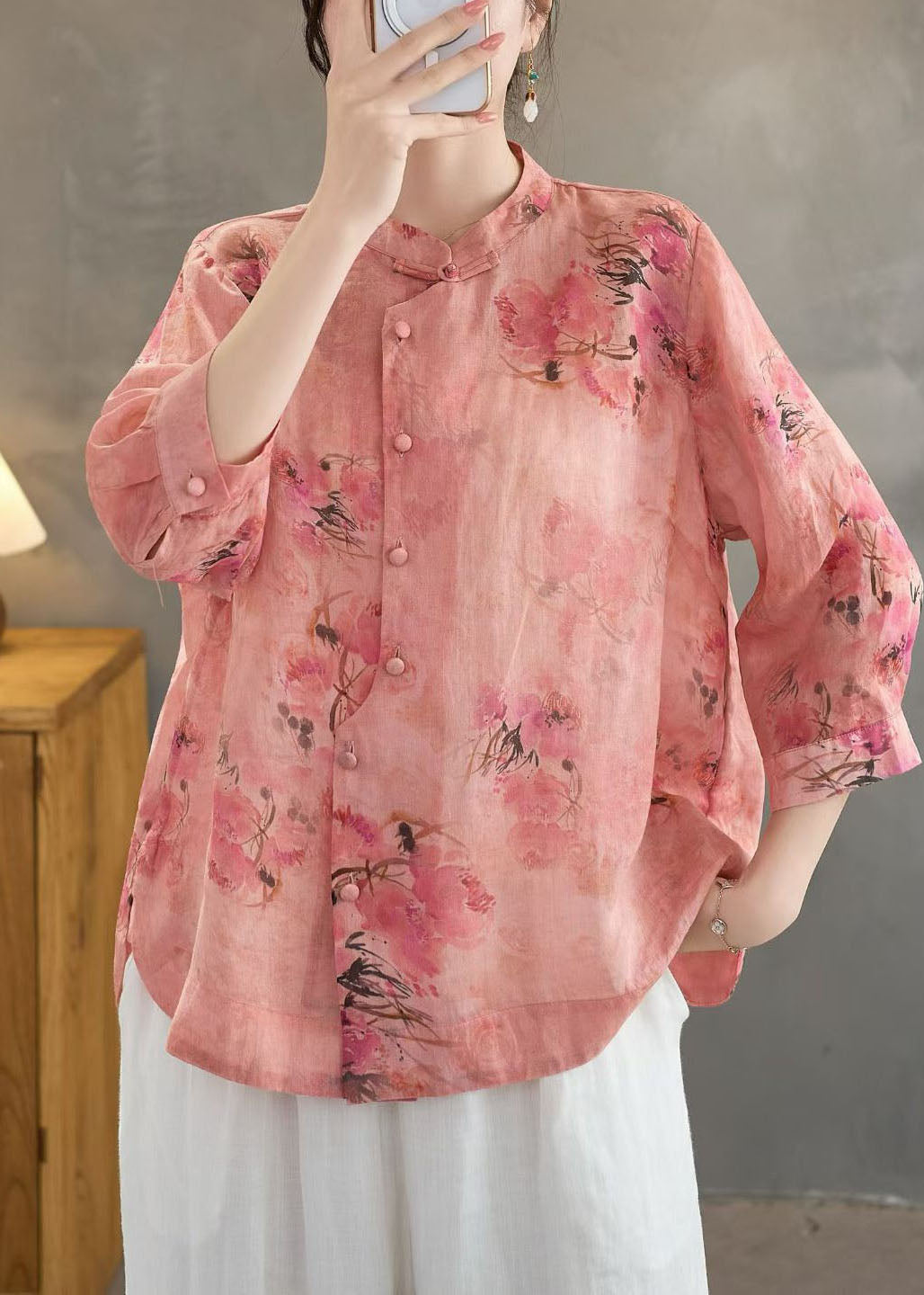 Retro Red Stand Collar Print Button Linen Shirt Summer