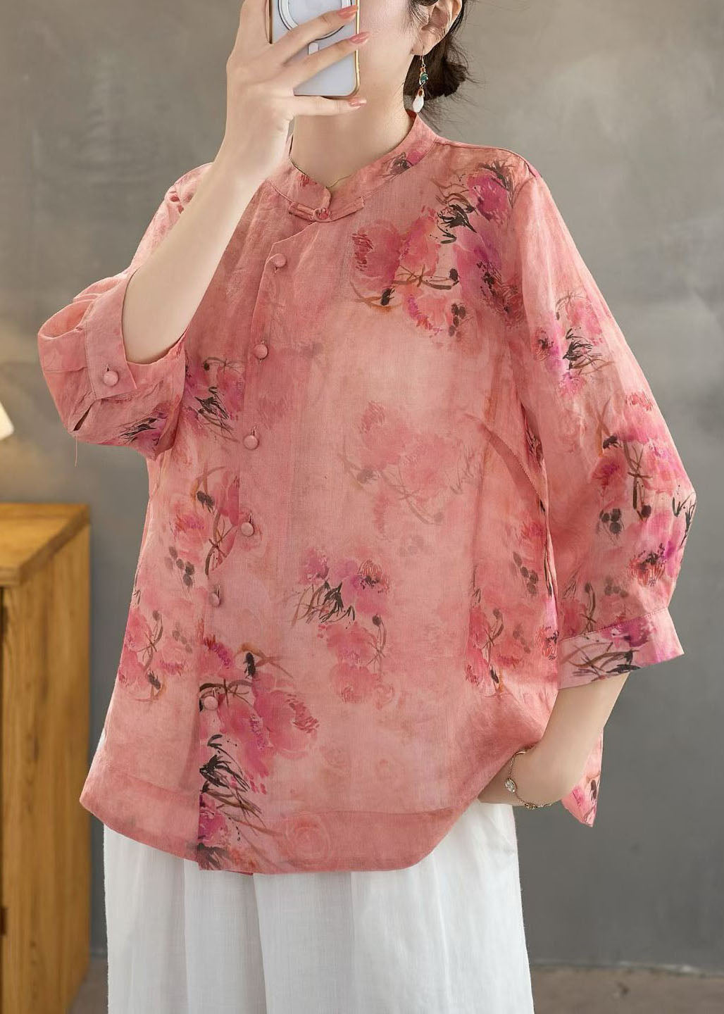 Retro Red Stand Collar Print Button Linen Shirt Summer